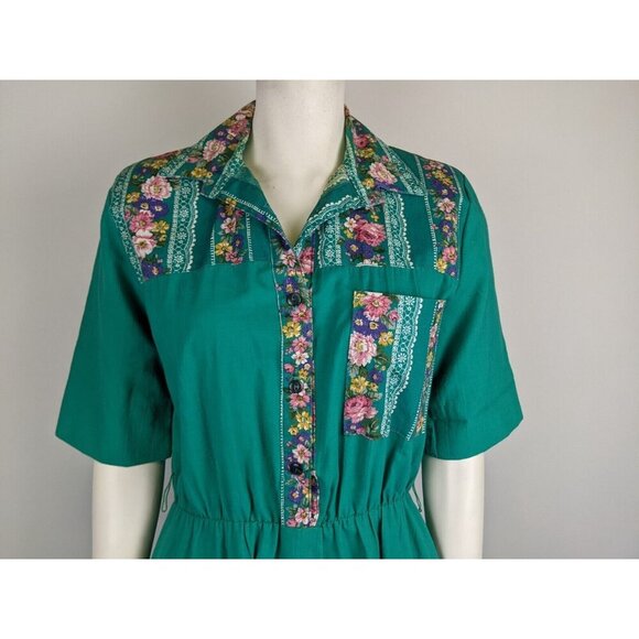 VINTAGE WOMEN'S GREEN FLORAL PRINT SHIRT DRESS - TAP&CO - SIZE 6P - Picture 6 of 14